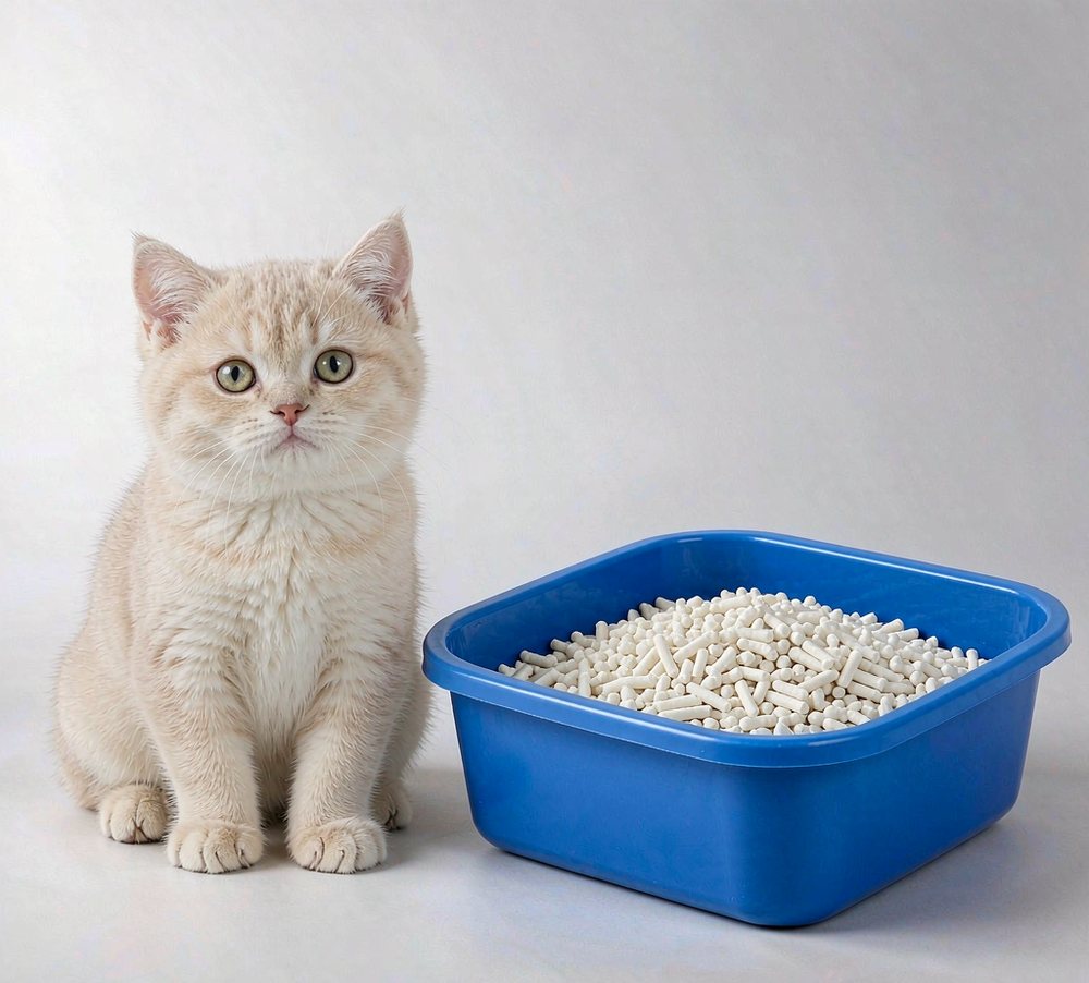 Kitten with a tray of premium tofu cat litter